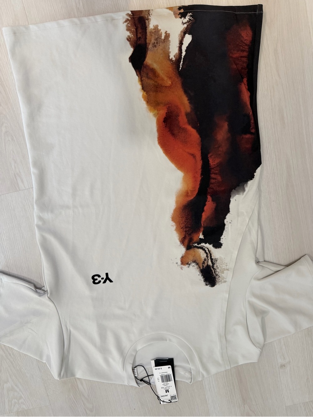 Y-3 White Tee with Brown and Black Abstract Brush Print